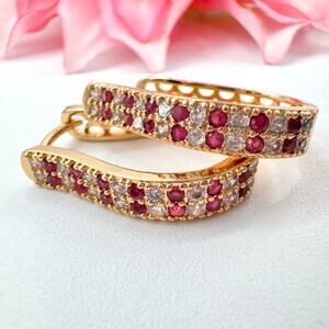 Genuine Ruby CZ Pave Double Row Hoop Earrings Gold Tone Lattice Fashion Jewelry